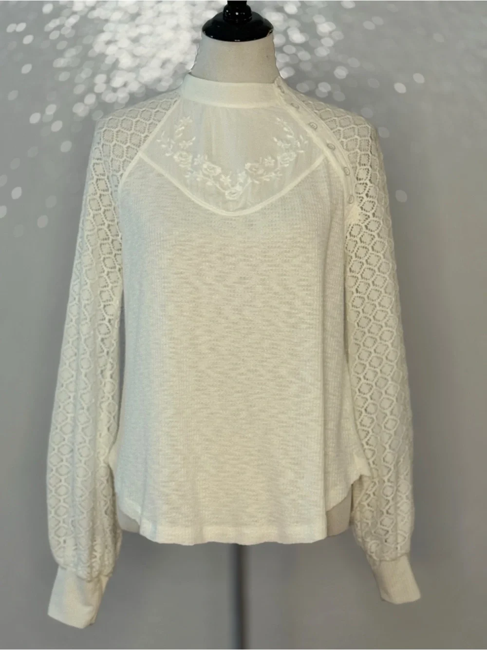 Free People Sweetest Thing Thermal Top Ivory Lace Sleeve Boho Cottagecore